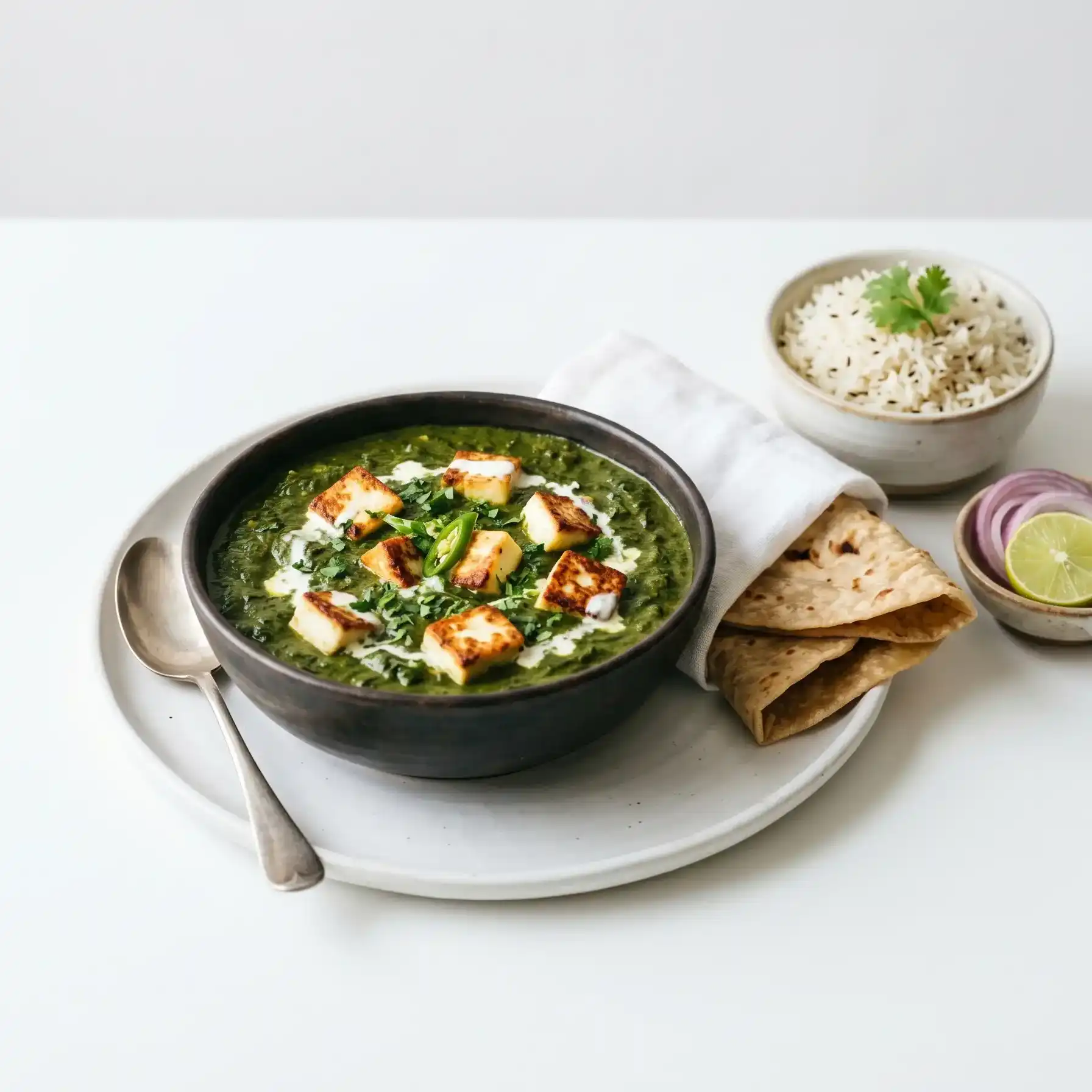 NaanZaa - Sagg Paneer — A vibrant NaanZaa crowned with creamy sag paneer, featuring tender at Dum N Grill Frisco, Frisco